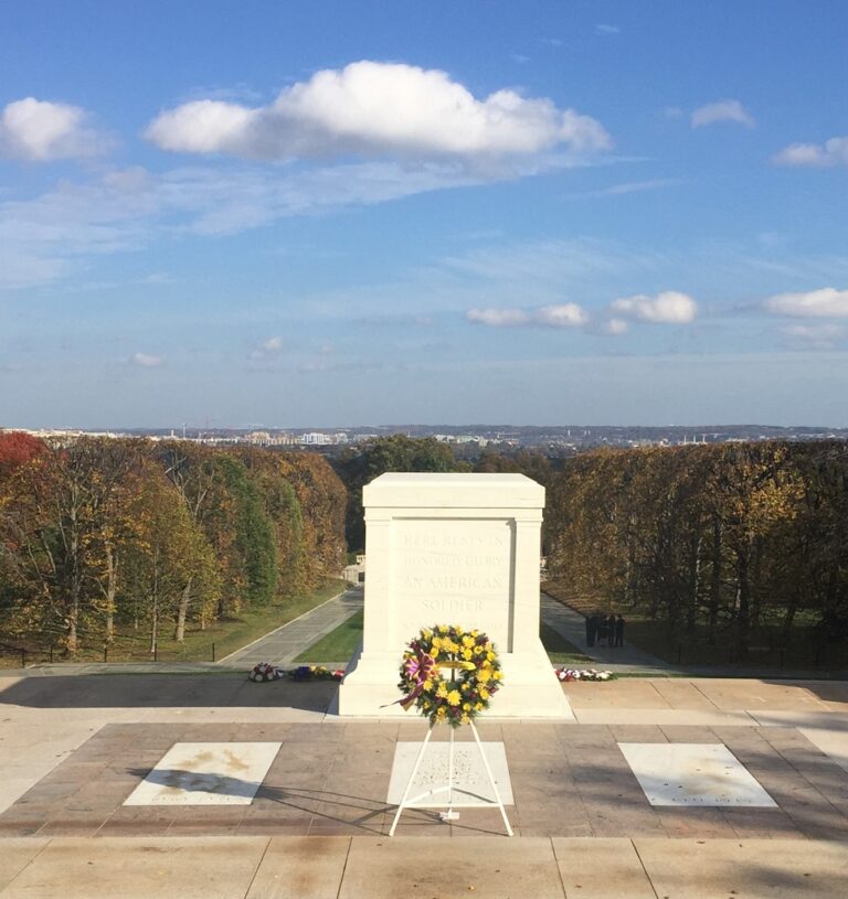 The Tomb of the Unknown Soldier, at Arlington National Cemetery, with downtown Washington, D.C. visible on the horizon. Suffering Is Not Wasted.